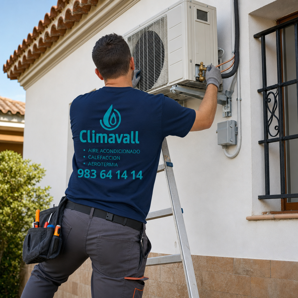 Técnico profesional de CLIMAVALL instalando aire acondicionado